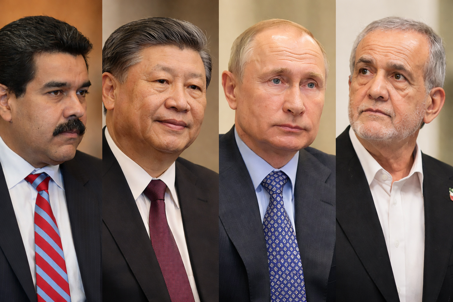 Montage 16:9 de dirigeants politiques illustrant les identités étatiques et les équilibres géopolitiques, incluant le contexte du Venezuela.