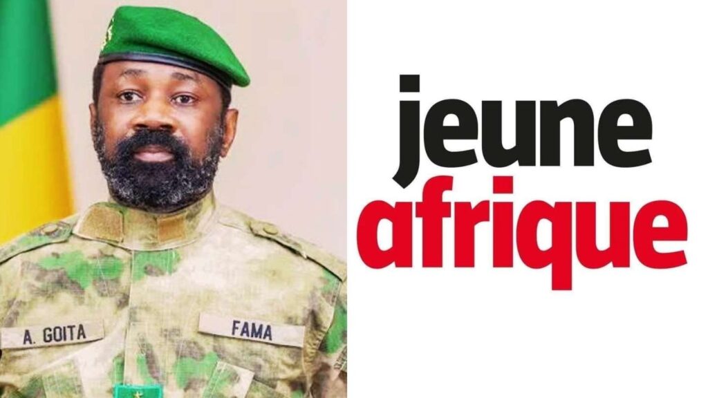 Au Mali, portrait du président de transition Assimi Goïta à côté du logo du journal Jeune Afrique.