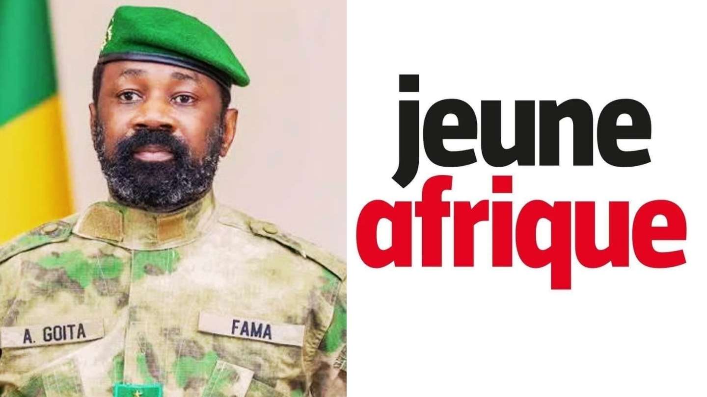 Au Mali, portrait du président de transition Assimi Goïta à côté du logo du journal Jeune Afrique.