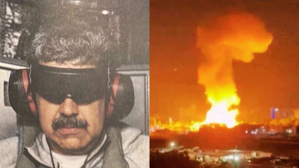 Montage illustratif montrant Nicolás Maduro équipé d’un casque de protection et une explosion nocturne au Venezuela, dans un contexte de tensions impliquant Cuba et les États-Unis.