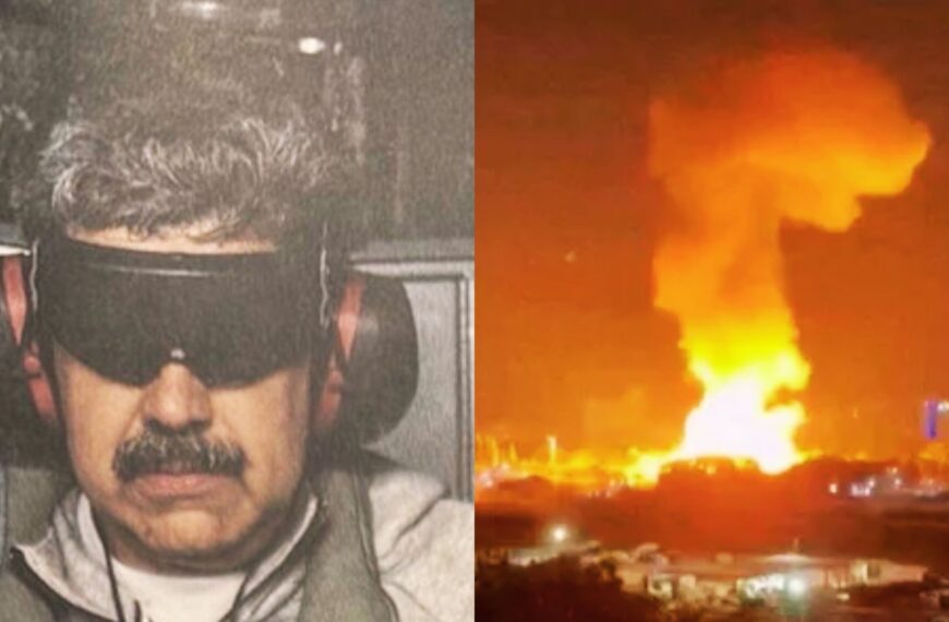 Montage illustratif montrant Nicolás Maduro équipé d’un casque de protection et une explosion nocturne au Venezuela, dans un contexte de tensions impliquant Cuba et les États-Unis.