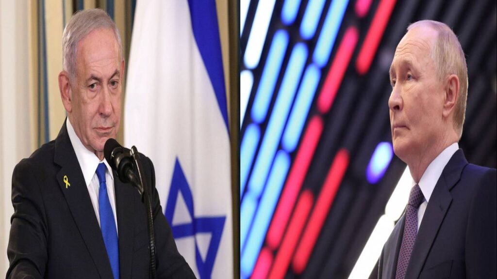 Benjamin Netanyahu et Vladimir Poutine lors de prises de parole officielles distinctes, dans un contexte de tensions diplomatiques impliquant Israël, la Russie et l’Iran.