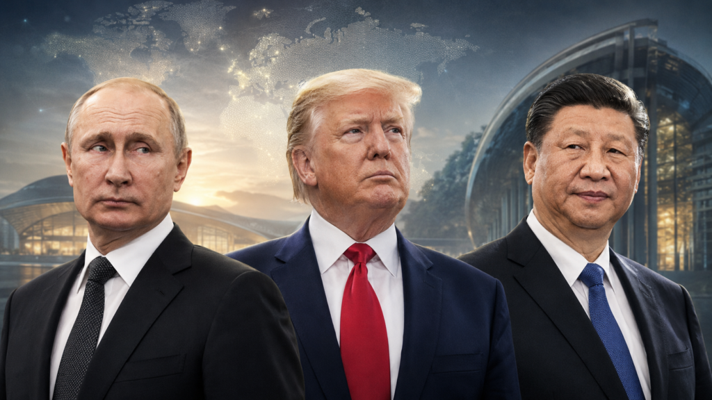 Vladimir Poutine, Donald Trump et Xi Jinping réunis dans une illustration d’une possible rencontre trilatérale