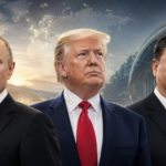 Vladimir Poutine, Donald Trump et Xi Jinping réunis dans une illustration d’une possible rencontre trilatérale