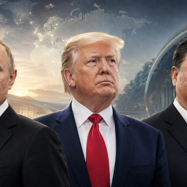 Vladimir Poutine, Donald Trump et Xi Jinping réunis dans une illustration d’une possible rencontre trilatérale