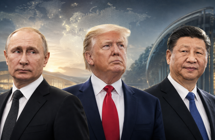 Vladimir Poutine, Donald Trump et Xi Jinping réunis dans une illustration d’une possible rencontre trilatérale